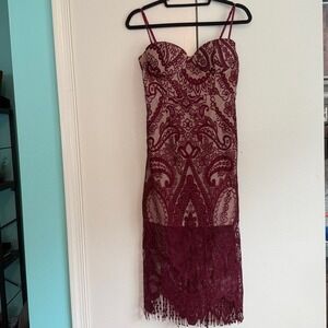 Burgundy Lace Bodycon Midi Dress Sweetheart Neck Evening Formal Size S